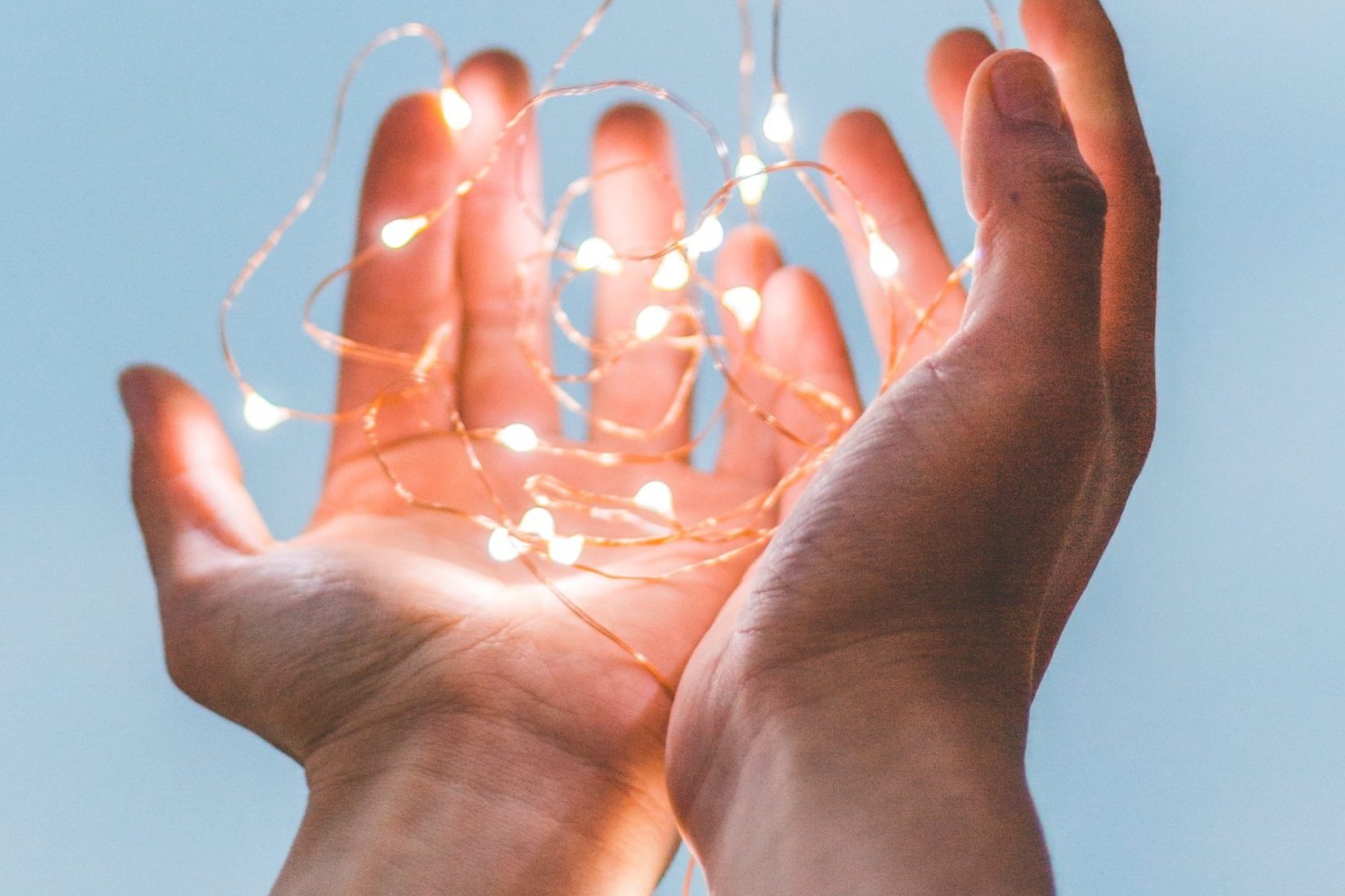 person holding string lights